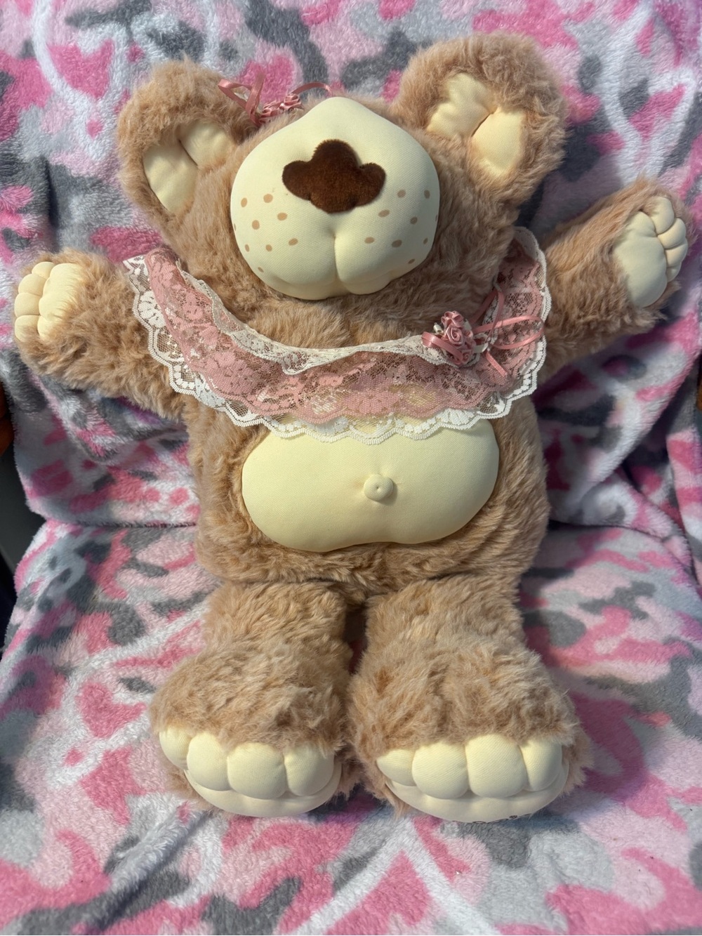 Plush Brown Teddy Bear with Pink Lace Collar - Soft Cuddly Stuffed Animal